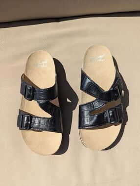 Dansko Black Croc-Embossed Double Strap Slide Sandals